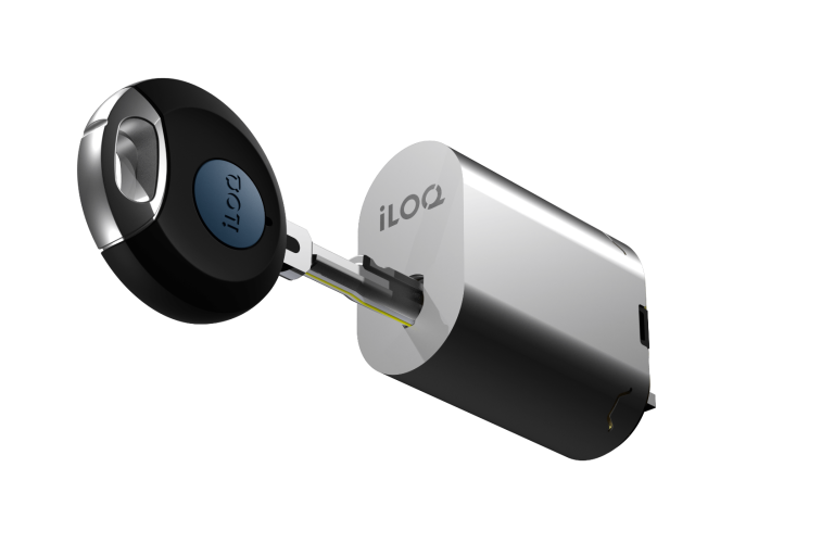 iLOQ Schliesssysteme Smart-Lock-System mit Schlüssel und Zylinderansicht.